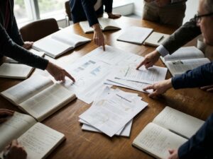Research team collaborating around boardroom table with scattered journals, charts, and funding proposals during strategic planning meeting.