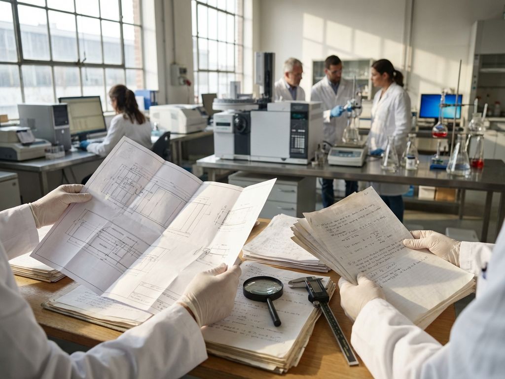 Researchers in lab coats examining blueprints and documents at modern laboratory workstation with scientific equipment
