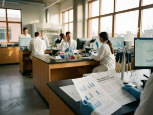 Researchers in white lab coats examining data charts and using microscopes in modern laboratory with natural lighting.