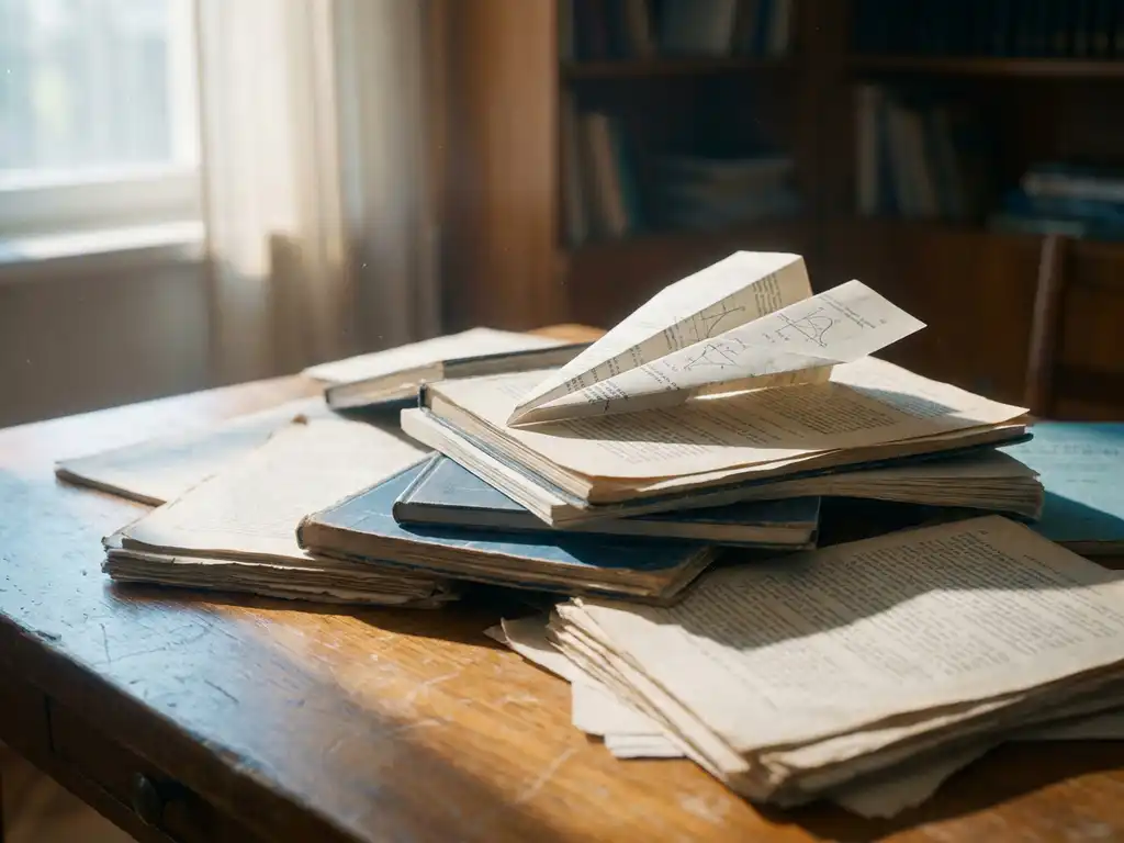 Stack of research papers and scientific journals on wooden desk with paper airplane on top, natural window light creating soft shadows