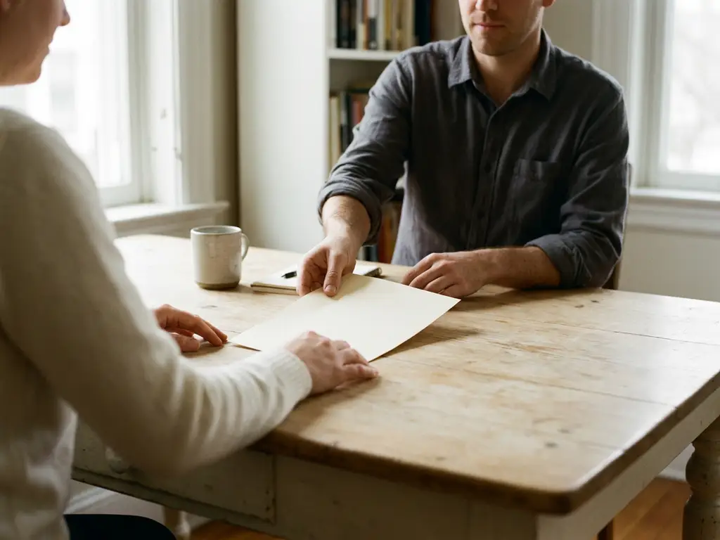 Researcher sliding a printed informed consent form across a wooden table to a study participant in warm natural light.