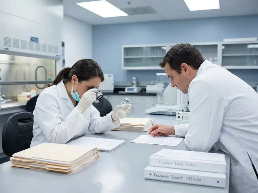 Research scientist in white lab coat examining glass vial with biological samples while collaborating with colleague at laboratory bench