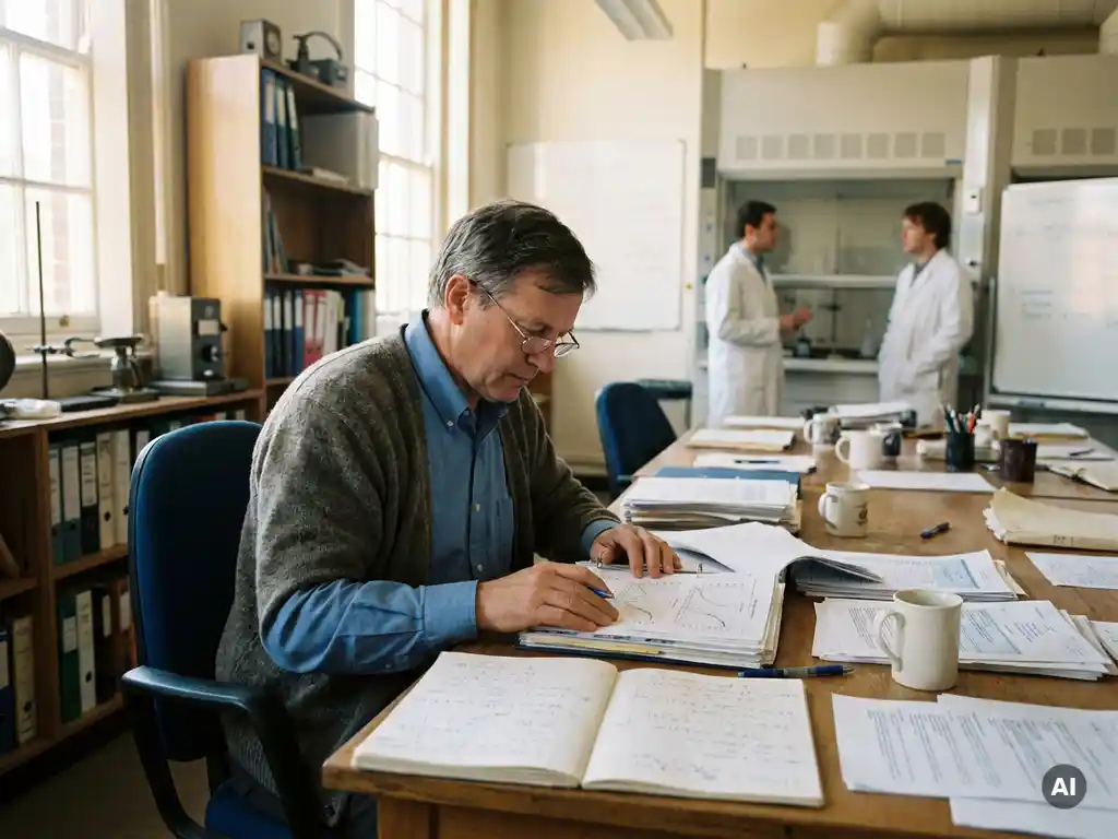 Research scientist reviewing printed data reports and handwritten notes at a laboratory desk, with colleagues collaborating softly in the background.