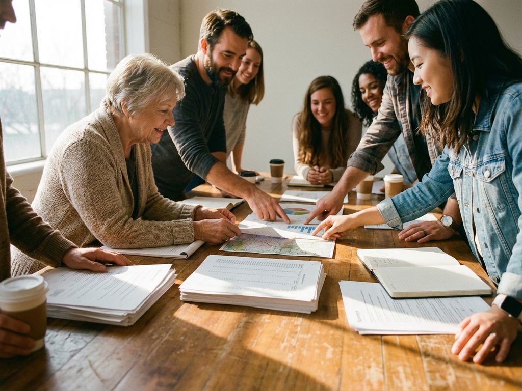 Diverse researchers and community members collaborate around conference table sorting through surveys and data sheets in natural light.