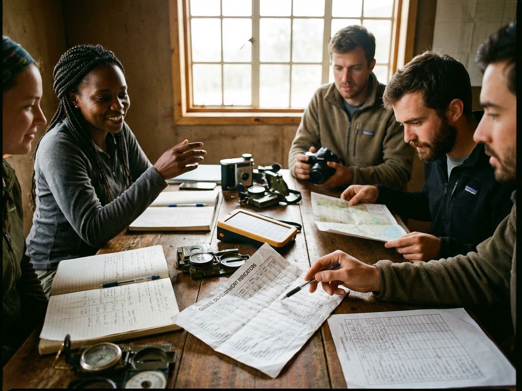 Diverse researchers collaborating around table with field notebooks, scientific instruments, and global development charts