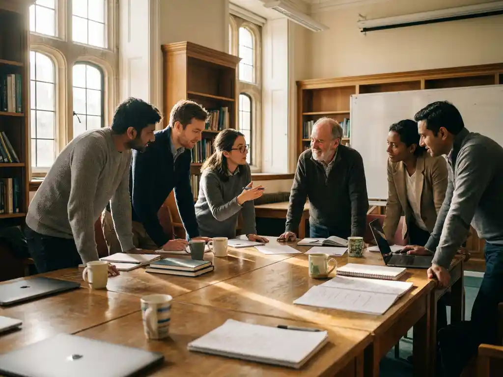 Diverse researchers collaborate around wooden conference table with notebooks and papers in sunlit academic workspace