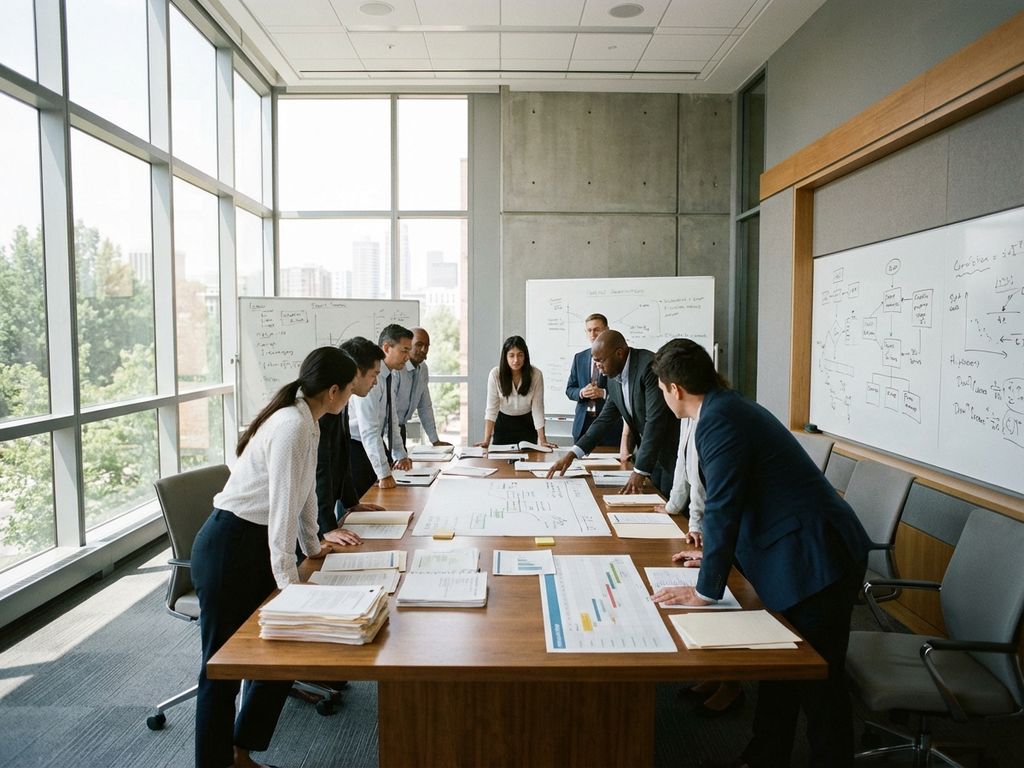 Researchers collaborating around conference table with documents and charts in modern facility with natural lighting