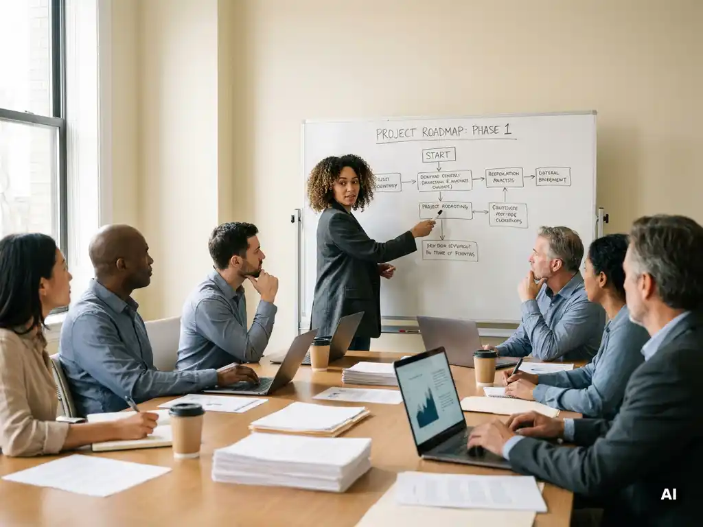 Diverse research team collaborating around a conference table with laptops and reports while a colleague presents a roadmap on a whiteboard.