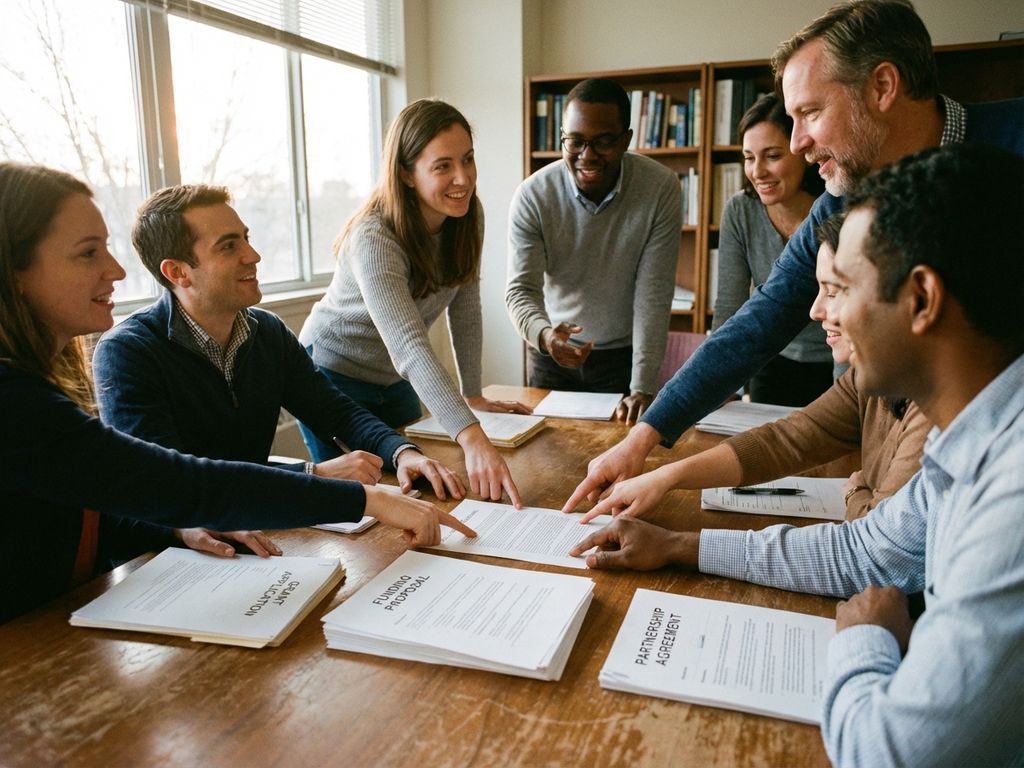 Diverse researchers and administrators collaborating around conference table with funding documents and grant applications