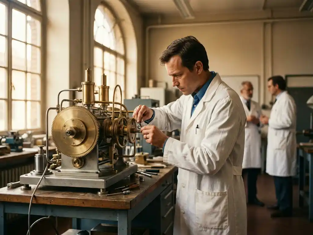 Researcher in white lab coat adjusting brass mechanical prototype on laboratory workbench while colleagues observe in background