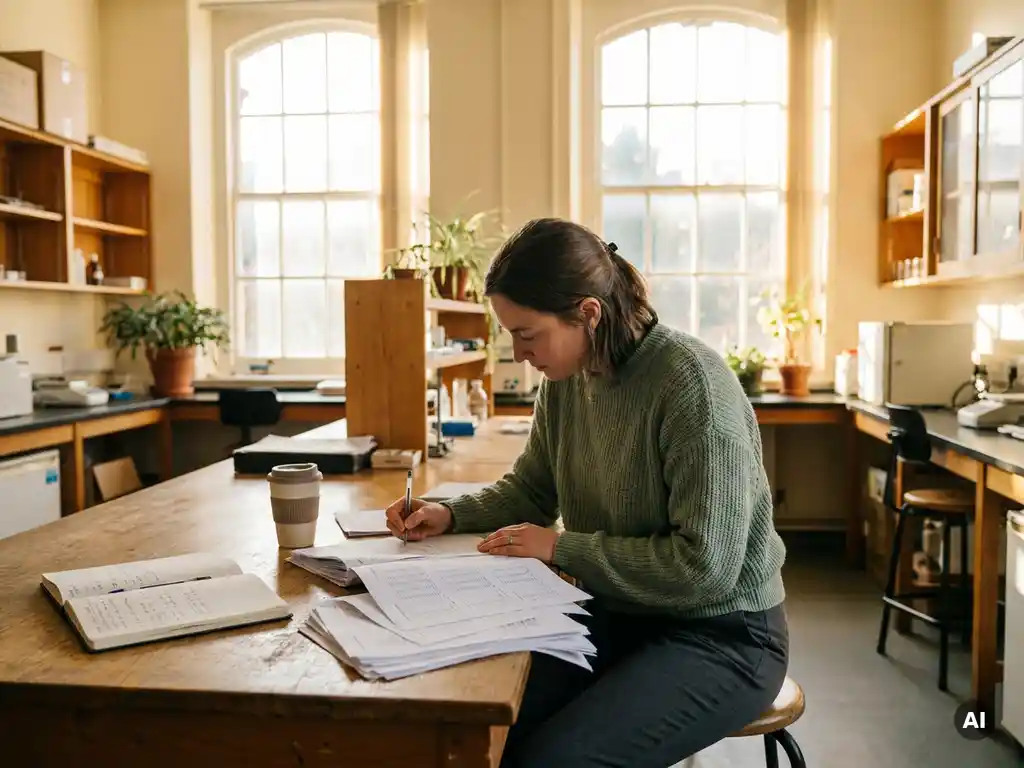 Researcher annotating printed data reports at a sunlit wooden desk with a reusable coffee cup and open field notebook nearby.