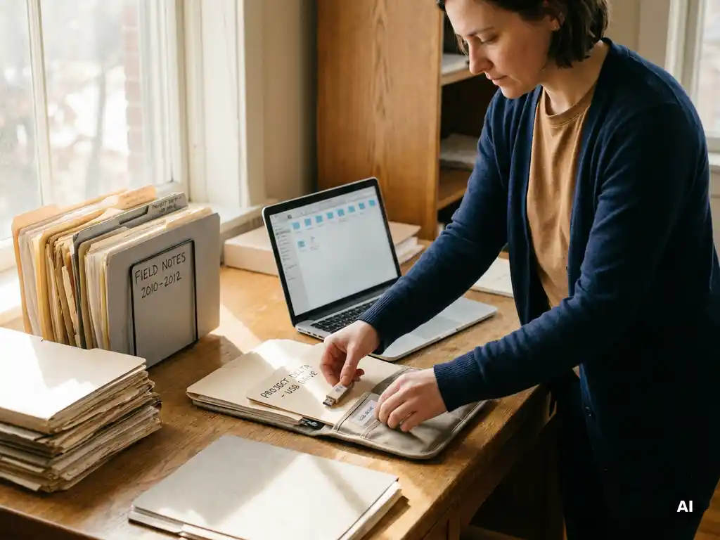 Researcher organizing labeled archival folders and USB drives on an oak desk beside an open laptop, warm natural daylight casting soft shadows.
