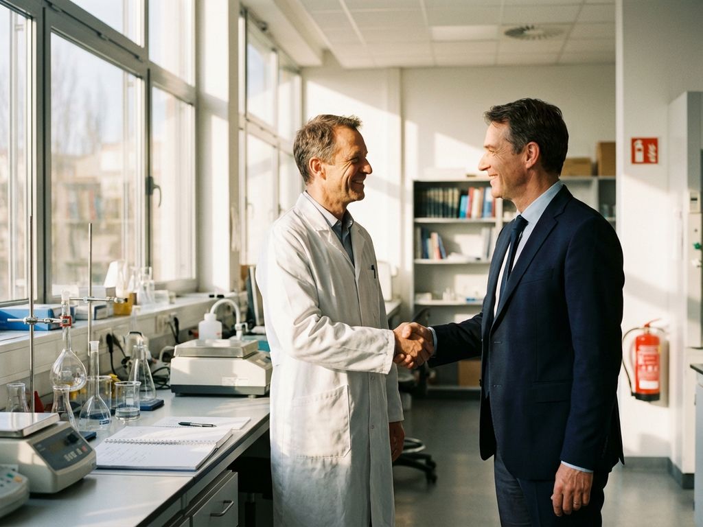Researcher in lab coat shaking hands with business executive in modern university laboratory with scientific equipment