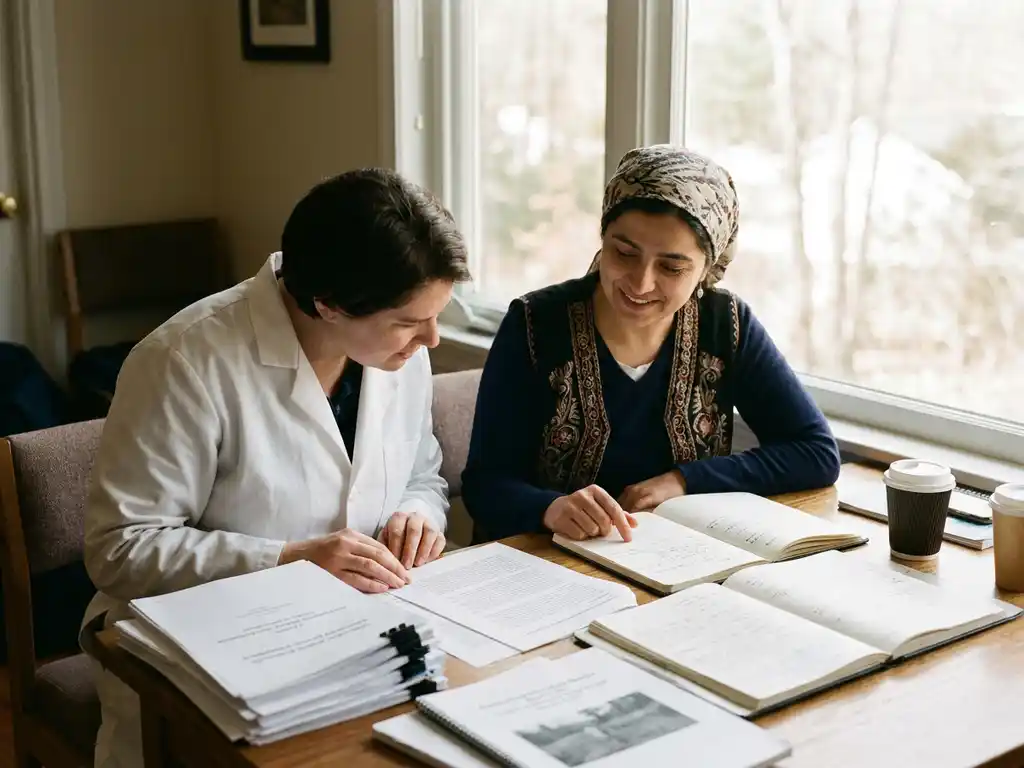 Researcher in white lab coat reviewing printed reports with a colleague in traditional attire at a document-covered wooden table.