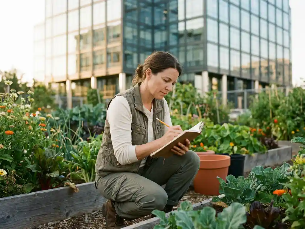 Researcher crouching beside a community garden plot, recording notes in a worn notebook, with a glass office building softly visible in the background.