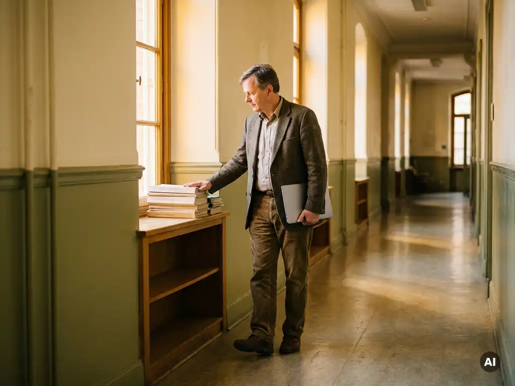 Researcher pausing in a sunlit institutional corridor, hand resting on stacked printed reports, holding a laptop, warm amber light casting long shadows.