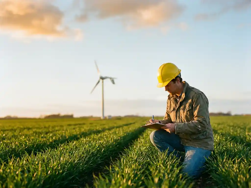 Researcher in hard hat and field jacket inspecting green crop field beside a small wind turbine on a golden afternoon.
