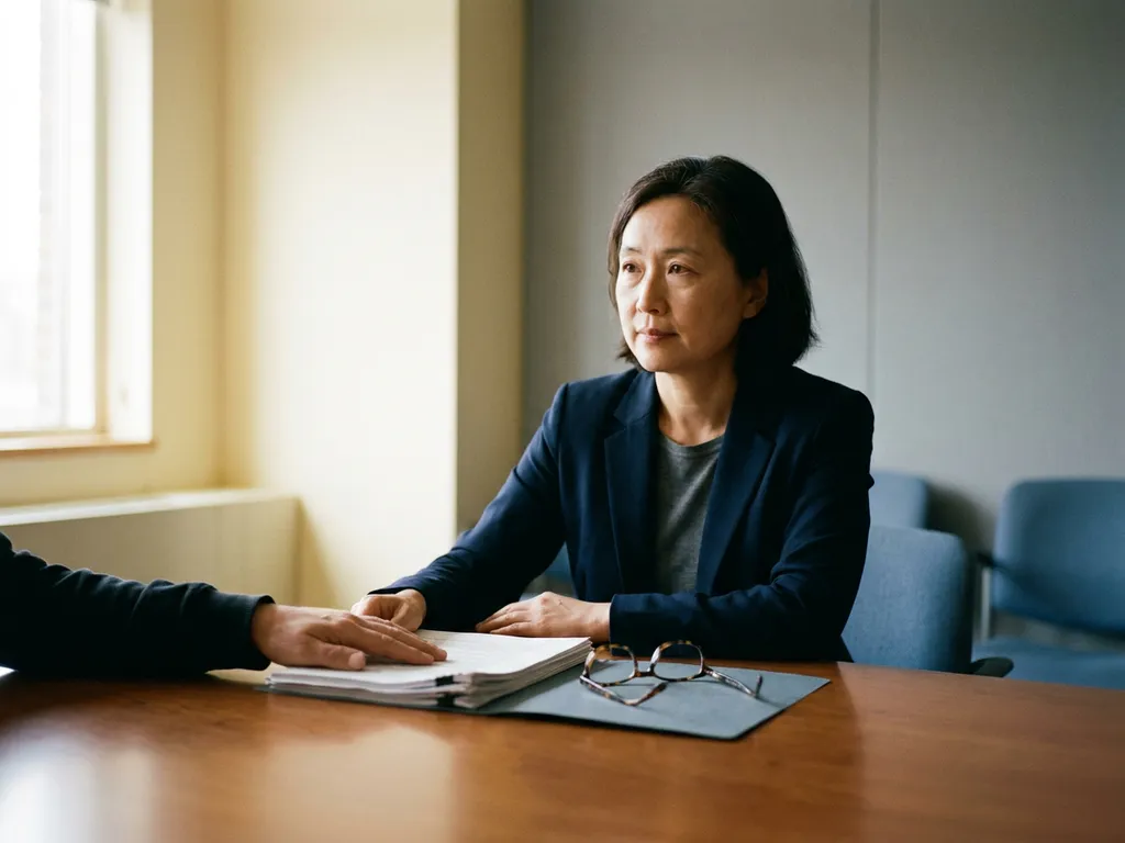 Researcher pausing mid-review at a conference table, reading glasses set aside, hand resting on a face-down document in a quiet institutional meeting room.
