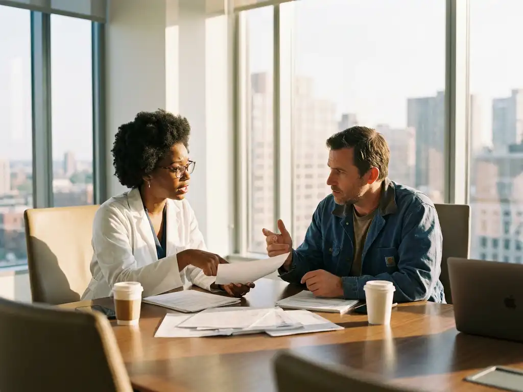 Researcher in white lab coat and engineer in work clothes discussing printed papers at conference table in modern office with large windows