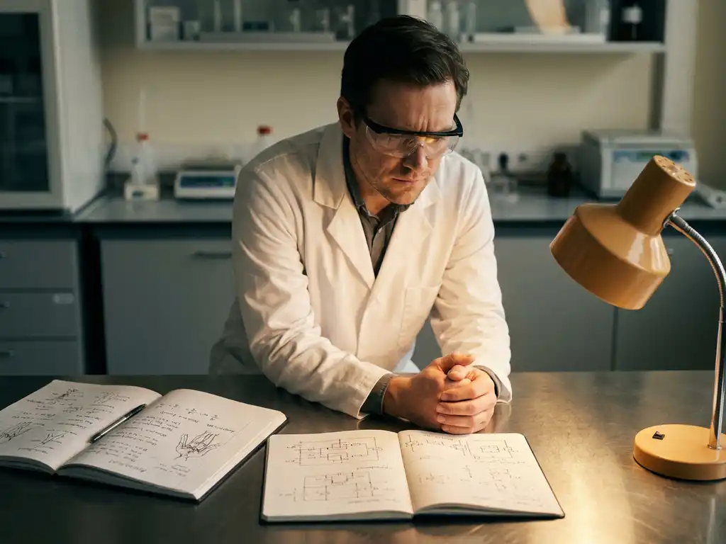 Researcher in white lab coat pausing at bench between open notebooks with medical formulas and defense schematics, expression conflicted, warm amber light.