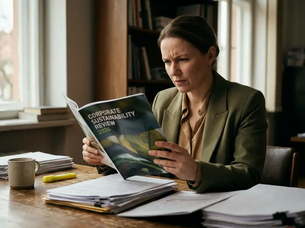 Researcher scrutinizing a corporate sustainability report at a cluttered desk, expression skeptical, lit by natural window light.