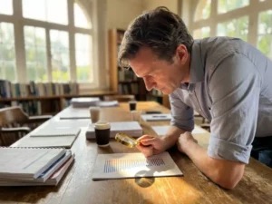 Researcher using magnifying glass to examine data charts and research papers on wooden conference table with natural window lighting