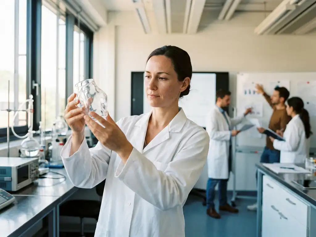 Researcher in white lab coat examining glass prototype in modern laboratory with colleagues collaborating in background