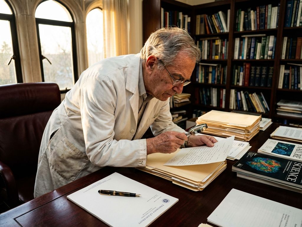 Researcher in white lab coat reviewing grant proposal at desk with funding documents and scientific journals