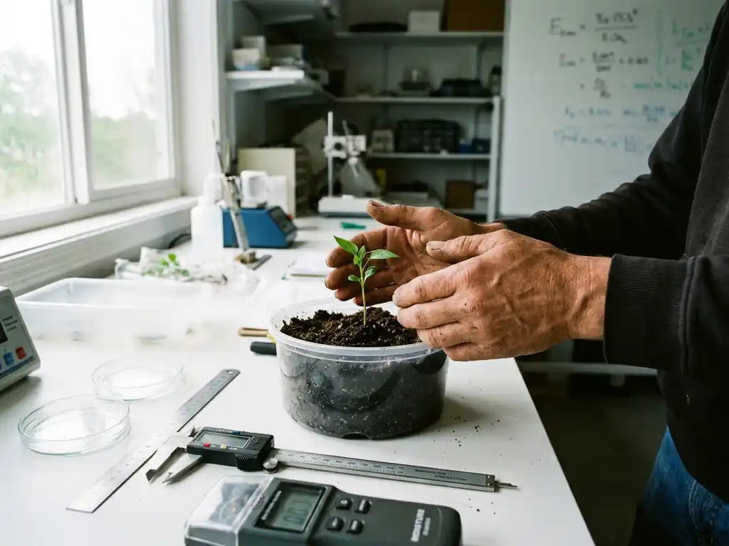 Researcher's hands examining green seedling in dark soil with scientific instruments on white laboratory bench