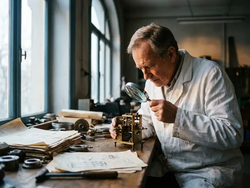 Researcher in white lab coat examining mechanical prototype with magnifying glass on wooden workbench surrounded by technical documents