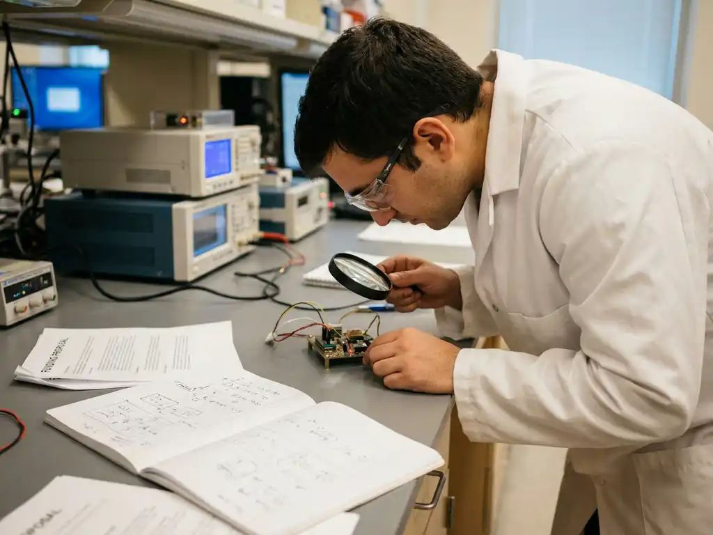 Researcher in white lab coat examining prototype device on laboratory bench with technical notebooks and funding documents