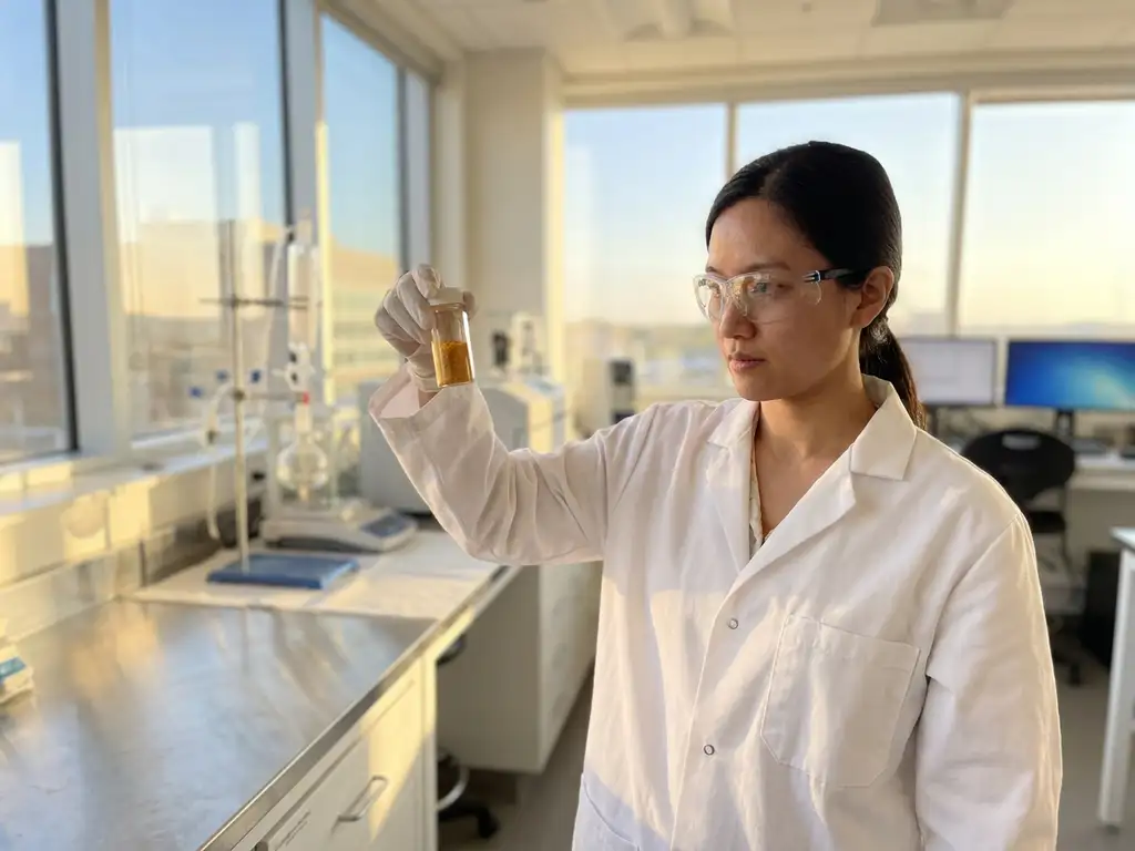 Researcher in white lab coat examining glass vial with prototype material in modern laboratory with steel equipment