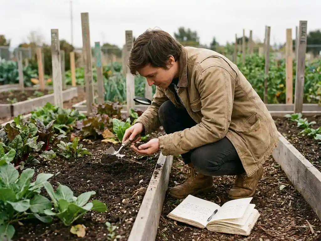 Researcher crouching in a community garden, examining soil samples with an open notebook, wooden crop row stakes visible in the background.