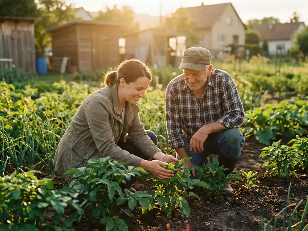 Researcher and local farmer examining healthy crops together in a sunlit community garden during golden hour.