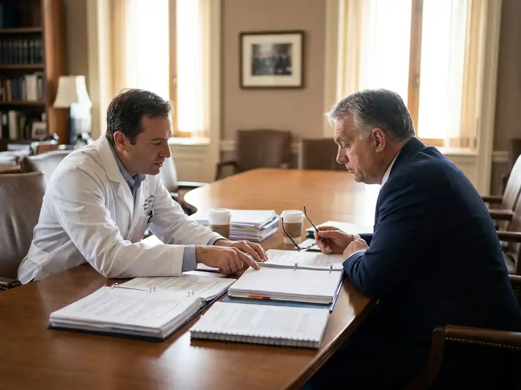 Researcher in white lab coat reviewing policy documents with government official in navy suit at wooden conference table