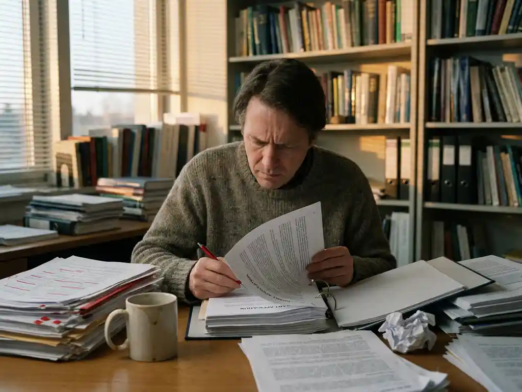 Researcher reviewing a thick grant application at a cluttered desk with stacked papers, red-marked manuscript, and empty coffee cup.