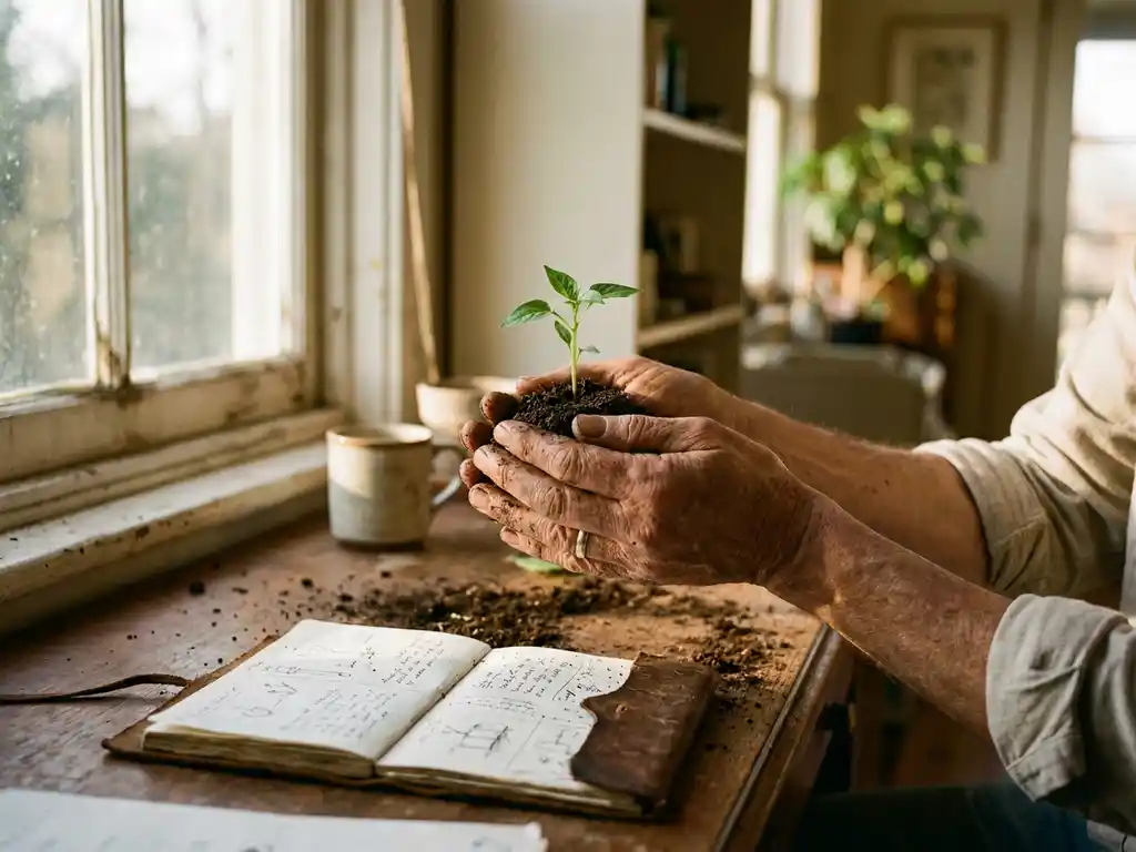 Researcher's weathered hands cradling a small green seedling beside an open field notebook on a sunlit wooden desk.