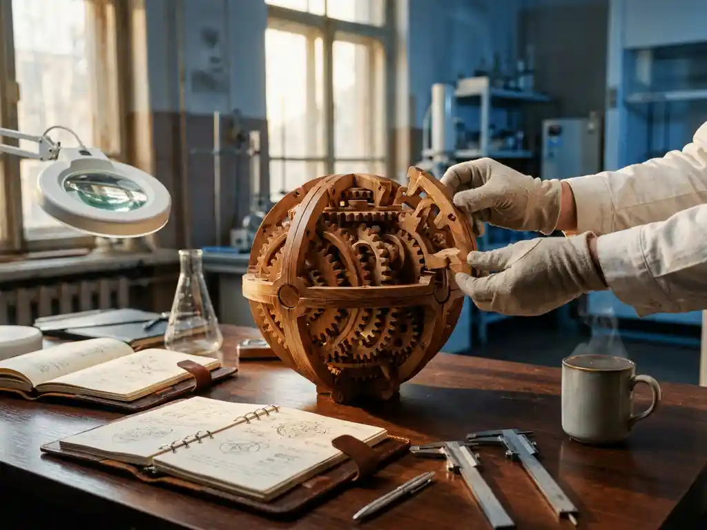 Researcher's hands placing final piece into complex wooden puzzle on laboratory workbench with notebooks and instruments
