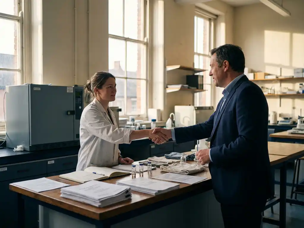 Researcher and industry executive shaking hands over a lab bench covered in notebooks, material samples, and technical reports.