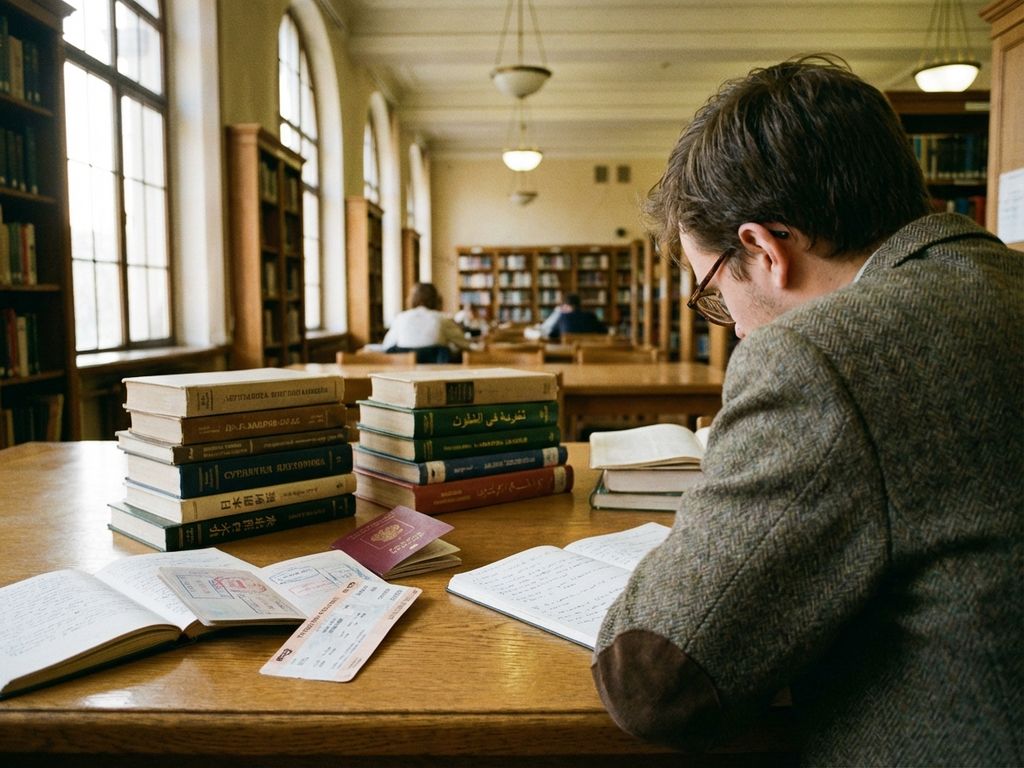 Researcher studying international documents and multilingual books at university library table with passport and travel papers