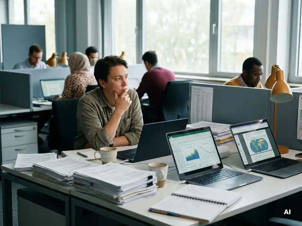 Researcher pausing at a cluttered desk with printed reports, sticky notes, and open laptops in a busy international office.