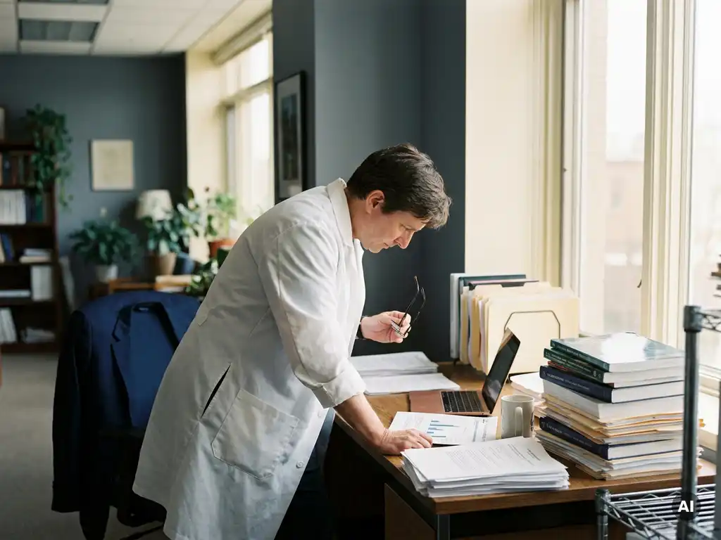 Researcher in white lab coat reviewing printed data reports beside an open laptop, surrounded by academic journals and manila folders in warm natural light.