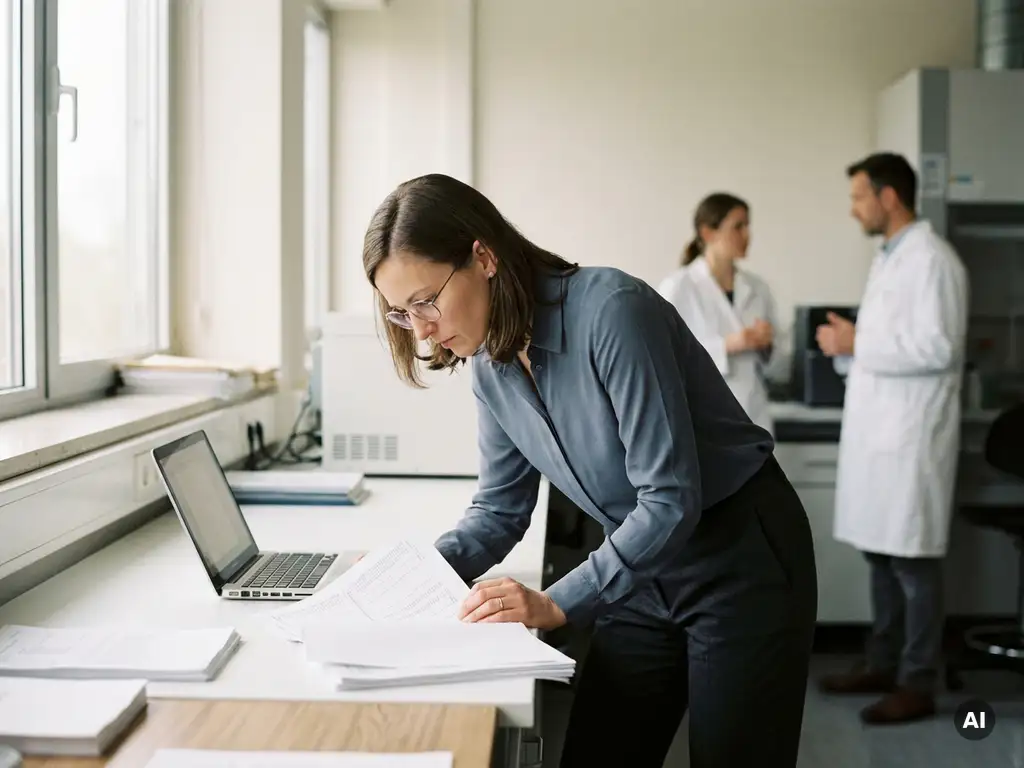 Researcher reviewing printed data reports beside a laptop in a modern lab, colleagues collaborating softly in the background.
