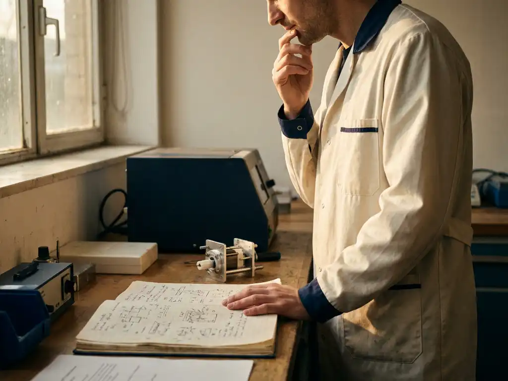 Researcher in lab coat pausing at cluttered workbench, hand resting on open notebook with handwritten notes beside a small prototype component.