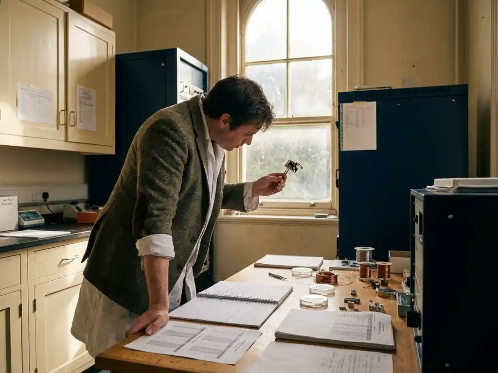 Researcher in lab coat examining a small prototype component in natural window light, surrounded by notebooks and data sheets on a cluttered workbench.