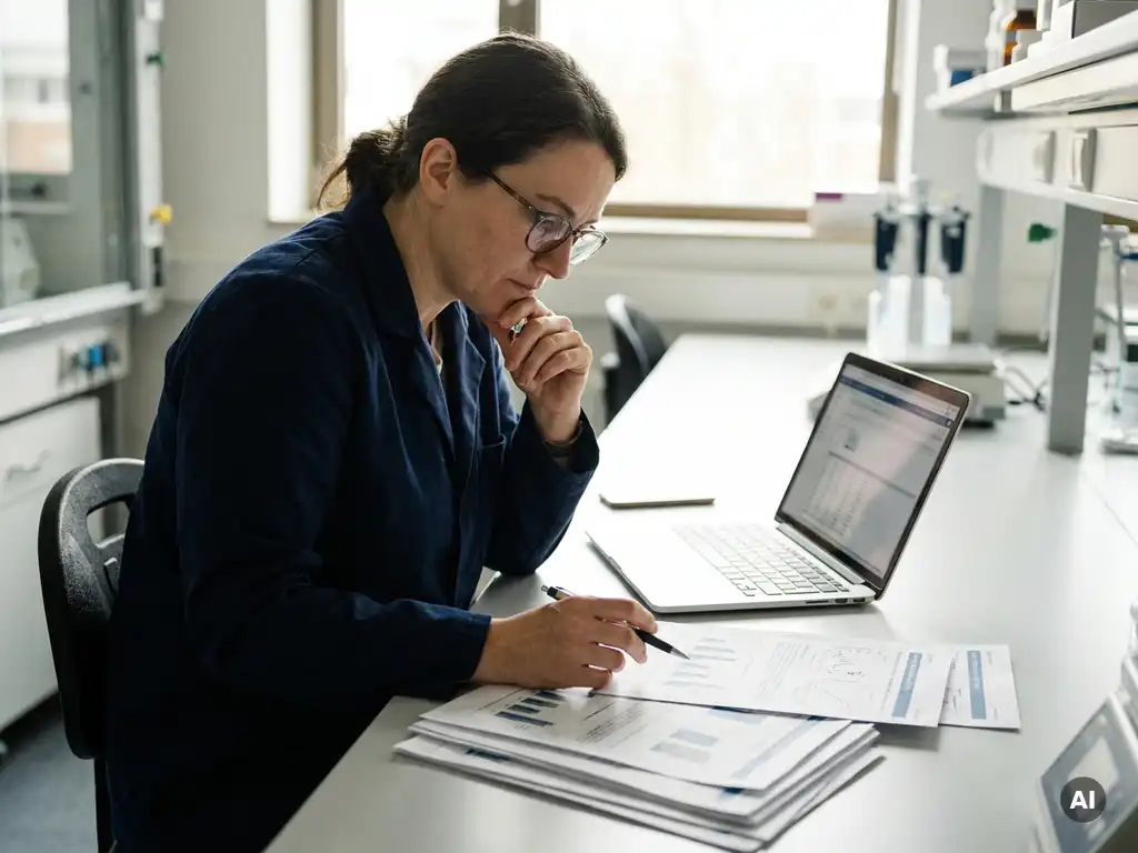 Researcher reviewing printed technology assessment reports spread across a white desk beside an open laptop in a sunlit lab.