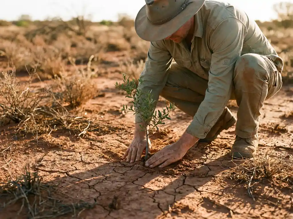Researcher crouching in arid terrain, pressing soil around a young tree sapling planted in dry cracked earth during golden afternoon light.