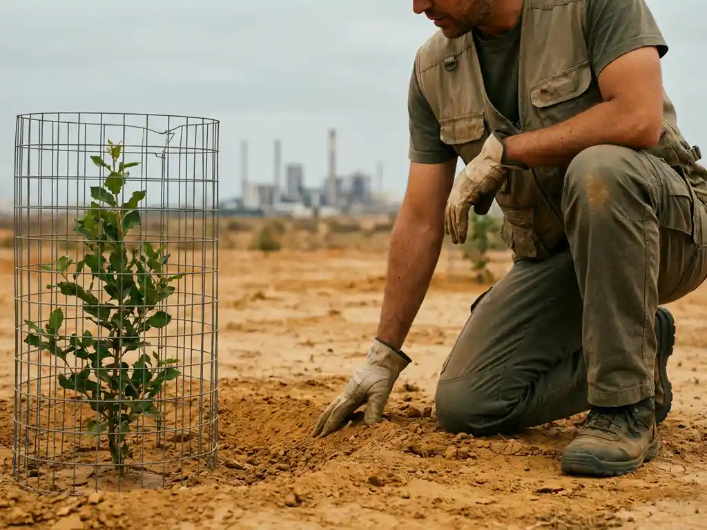 Researcher kneeling beside a young tree sapling in cracked dry soil, industrial facility visible on the horizon under an overcast sky.