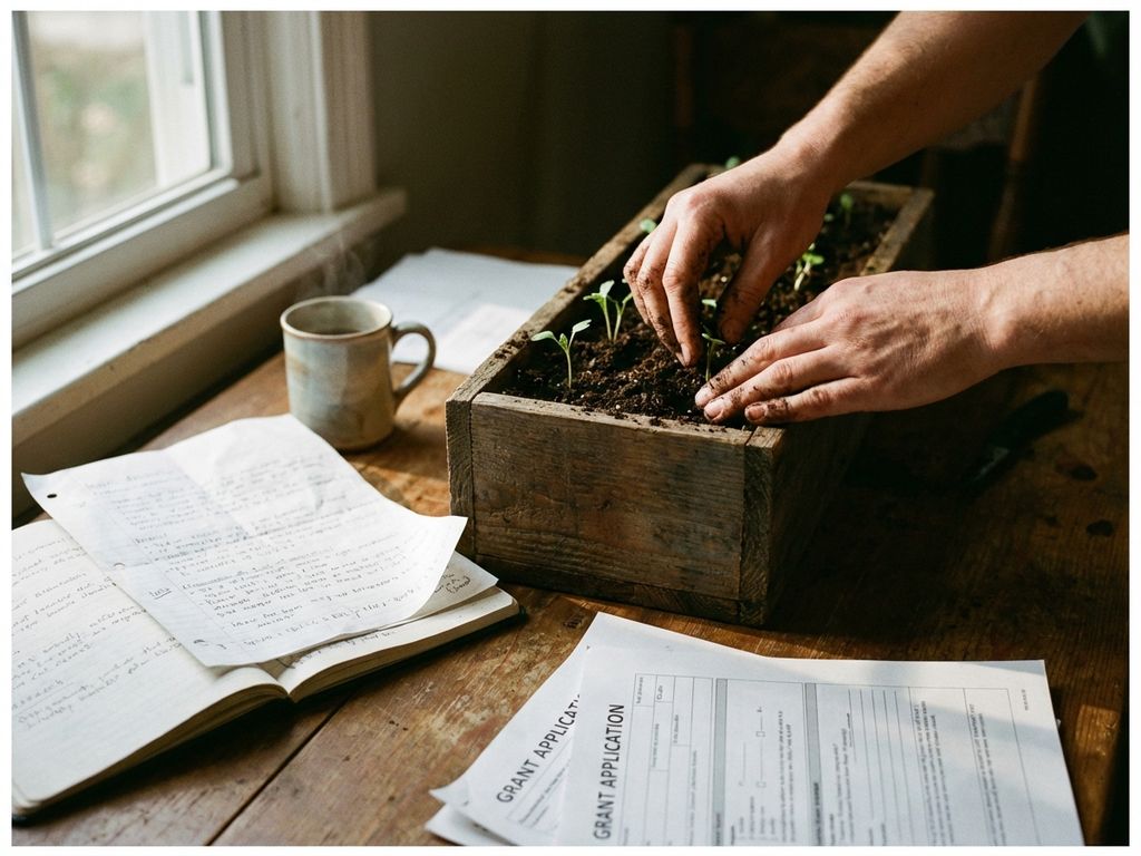 Researcher's hands planting green seedlings in wooden planter box with research papers and coffee cup on table in sunlight