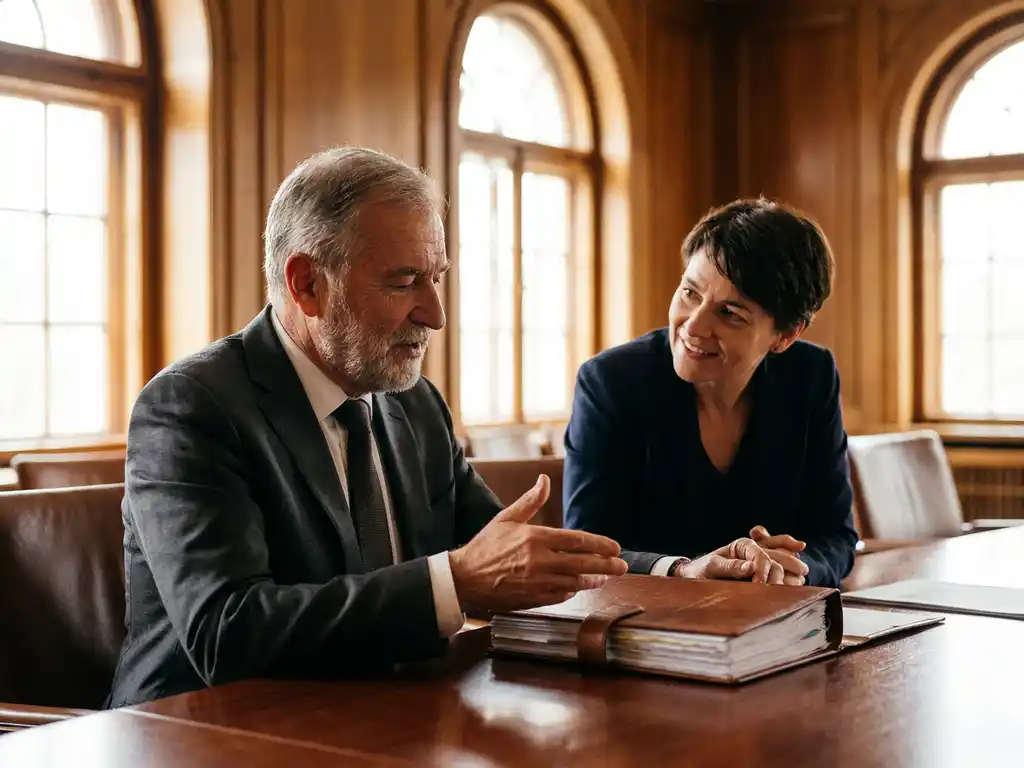 Researcher in tailored suit presenting policy document to government official across mahogany conference table in bright office
